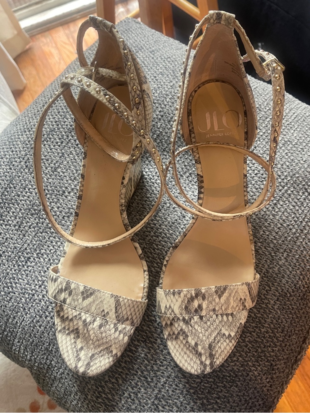 Jennifer Lopez Snake-Print Studded Ankle Strap Wedges - Beige
